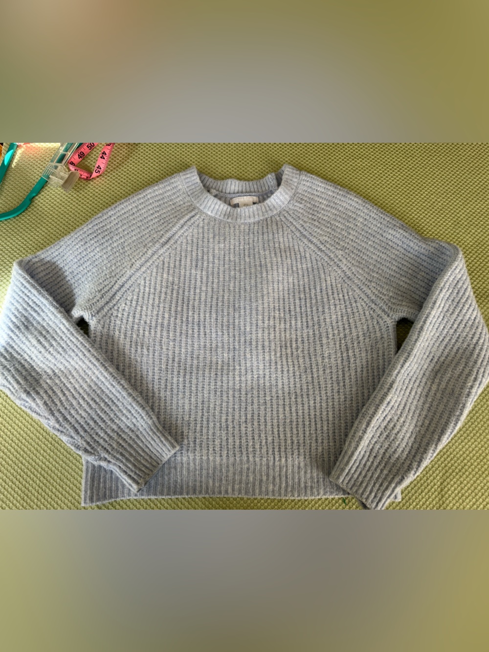 PURE/US Size Small Light Blue/ White Ribbed Fuzzy Crewneck Sweater. EUC